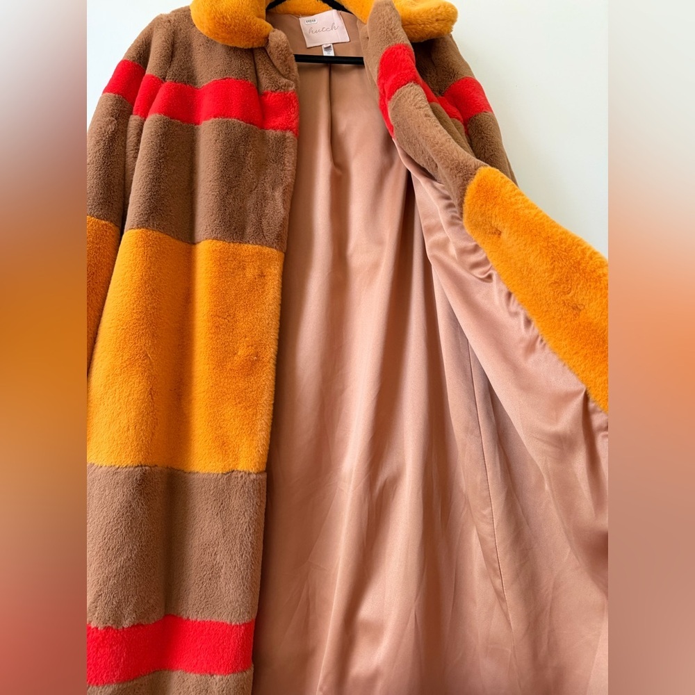 Hutch Long Faux Fur Coat 70s Retro Style Maximalist Colorblock Statement Coat - Picture 4 of 9